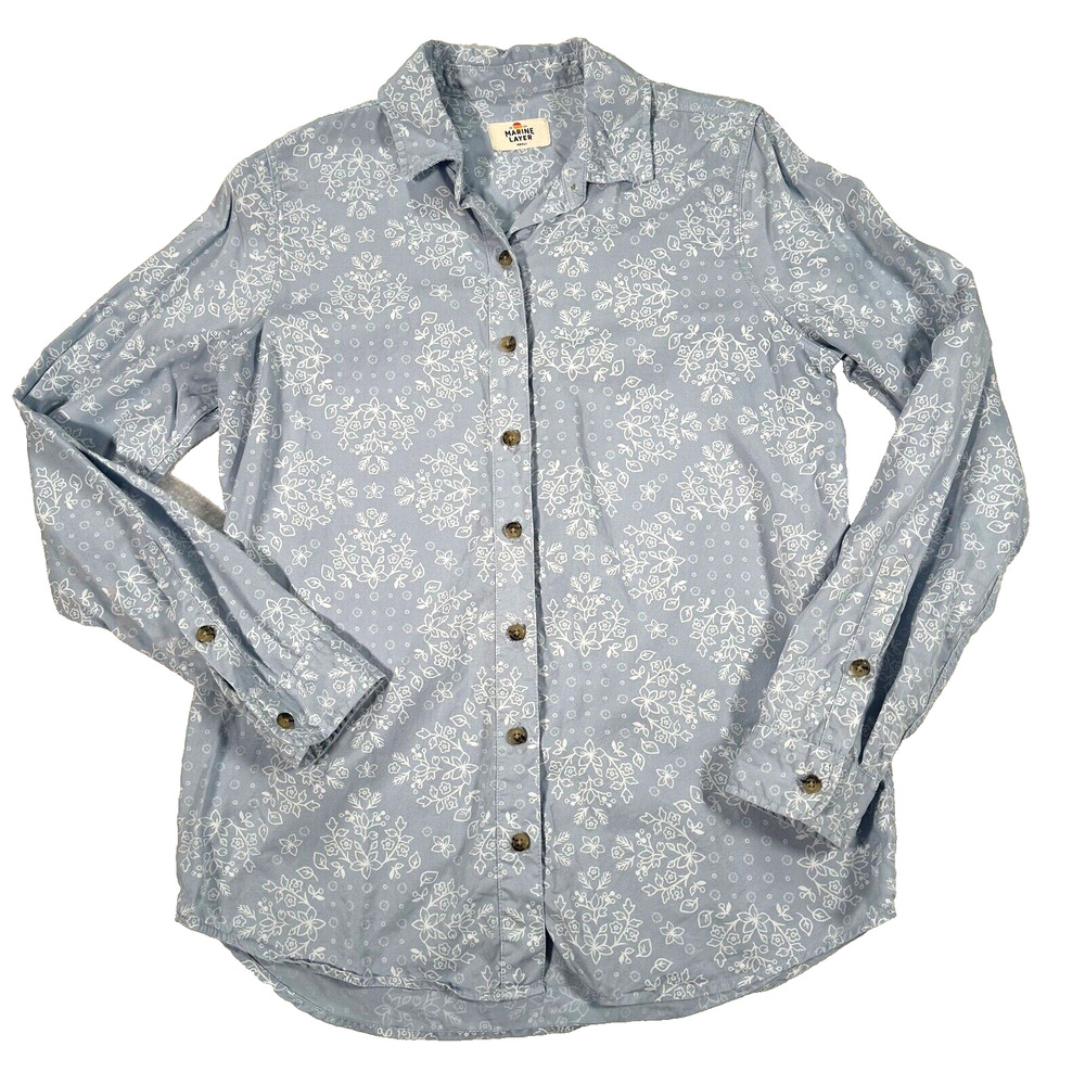 Marine Layer Button Up Long Sleeve Top Women's Small Blue White Floral Lyocell